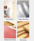 Four images showing uses: Home decoration, stainless steel, building material with red surface, wood reaming applications.