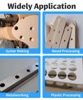 Applications of Pro Grade T Handle Tapered Reamer Kit in guitar making, wood, metal, and plastic processing, showing hole chamfering examples