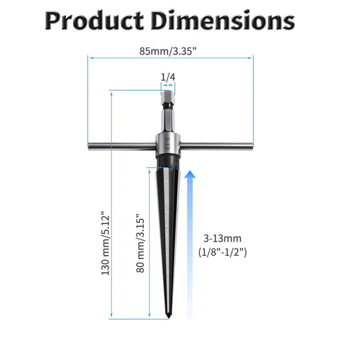 Pro Grade T Handle Tapered Reamer Kit 3-13mm 1/8-1/2 Inch Multi Fluted Chamfer Reaming Tool with 1/4 Inch Hex Shank dimensions