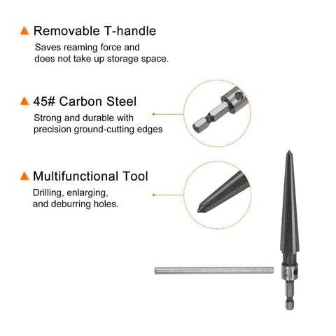 Diagram of Two Piece Tapered Hand Reamer Set For Guitar Bridge Pin Holes And More Great For Wood Metal Plastic By Harfington One Eighth To One Half Inch And Three Sixteenths To Five Eighths Inch Chamfer Reamers With T Handle Hex Shank Six Flutes 45 Steel.