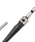 Close-up of a Pro Grade Tapered Reamer Set with T Handle, showcasing six fluted chamfer deburring reamers for woodworking and metal alloy.