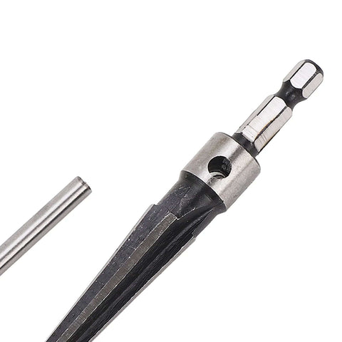 Close-up of a Pro Grade Tapered Reamer Set with T Handle, showcasing six fluted chamfer deburring reamers for woodworking and metal alloy.