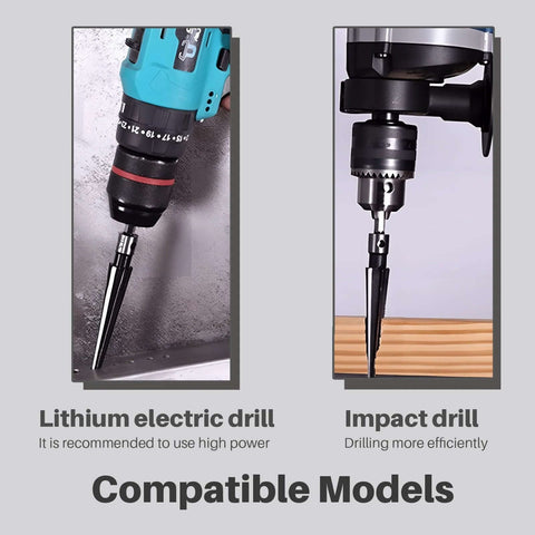 Tapered Reamer Set With T Handle For Guitar Making And Woodworking, 3-13mm and 5-16mm in use with electric and impact drills.