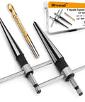 Tapered Reamer Set With T Handle For Guitar Making And Woodworking, 3-13mm (1/8 To 1/2 Inch) And 5-16mm (3/16 To 5/8 Inch), 6 Fluted Carbon Steel Hex Shank, 2-Piece Pro Grade Tool By Mrosnail, showing front and side view with packaging.