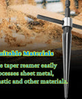 Pro Grade Tapered Reamer Set With T Handle One Eighth To One Half Inch showing tapered design and suitability for metal and plastic.