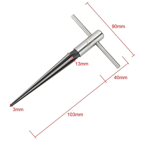 2 Pack Tapered Reamer T Handle 6 Fluted Chamfer Bridge Pin Hole Handheld Reamer Set for Quick Deburring, showing size measurements.
