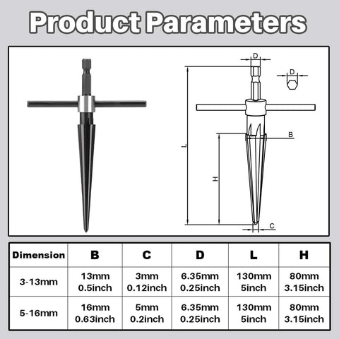 Diagram of Tapered Reamer Set With T Handle For Guitar Making And Woodworking, showing dimensions and hex shank details.