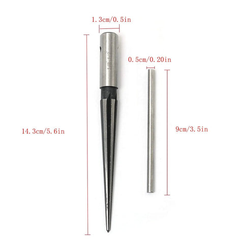 Heavy Duty Workhorse T Handle Tapered Reamer Tool With Six Flutes For Bridge Pin Hole Reaming, shown with size measurements.