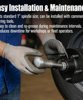 Hands installing L44643/L44610 Tapered Roller Bearing Cone and Cup on trailer wheel hub with gloves and bearing tool.