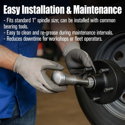 Hands installing L44643/L44610 Tapered Roller Bearing Cone and Cup on trailer wheel hub with gloves and bearing tool.