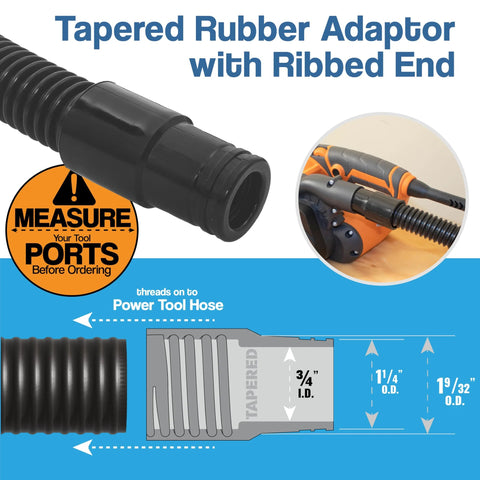 Keep your workshop clean and dust-free with this 10 Foot Dust Collection Hose Kit showing a rubber adaptor with ribbed end.