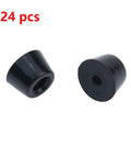 Two black 24 Pack Tapered Rubber Feet Bumpers Pads With Washers And Screws, 1 inch bottom diameter, 0.59 inch height, shown.