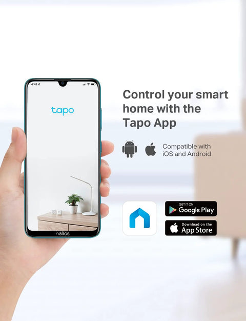 Hand holding smartphone displaying Tapo app for smart home control, compatible with iOS and Android, with app store icons visible.