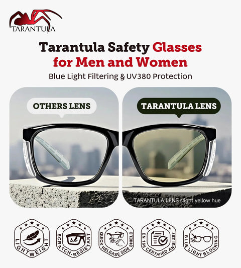 Comparison of Tarantula Z87.1 Safety Glasses Anti Fog Blue Light Blocking With Removable Side Shields and standard glasses
