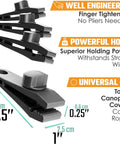 24 Pack Heavy Duty Tarp Clips With Lock Grip And Tarp Tie Downs, alligator design clamps, dimensions and features displayed