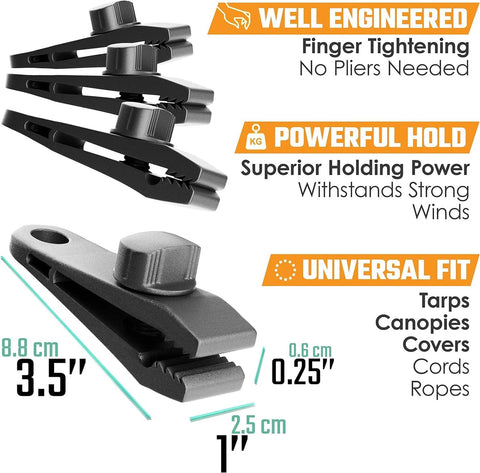 24 Pack Heavy Duty Tarp Clips With Lock Grip And Tarp Tie Downs, alligator design clamps, dimensions and features displayed