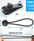 24 Pack Heavy Duty Tarp Clips With Lock Grip And Tarp Tie Downs Bungee Cords With Balls for securing tarps and tents, size details.