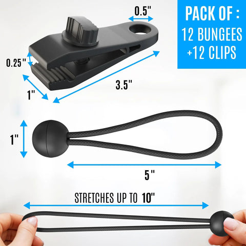 24 Pack Heavy Duty Tarp Clips With Lock Grip And Tarp Tie Downs Bungee Cords With Balls for securing tarps and tents, size details.