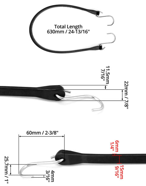 21 Inch Tarp Straps With Hooks 50 Pack Adjustable Rubber Bungee Tie Downs featuring hook dimensions and measurements.
