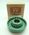 Sure-Flex Flange Coupling 1-1/8 Inch Bore By TB Woods 6S118 shown in front of packaging, pro-grade industrial replacement part.
