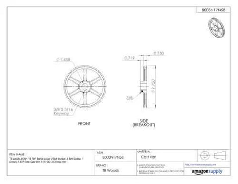 Technical drawing of Bored-To-Size V Belt Sheave For A Belt Section With One Groove, 1 Inch Bore, Cast Iron Construction, 2.75 Inch OD