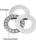 TC1018 Thrust Needle Roller Bearings with Washers, showing chromium steel rollers and ST14 steel construction for heavy machinery
