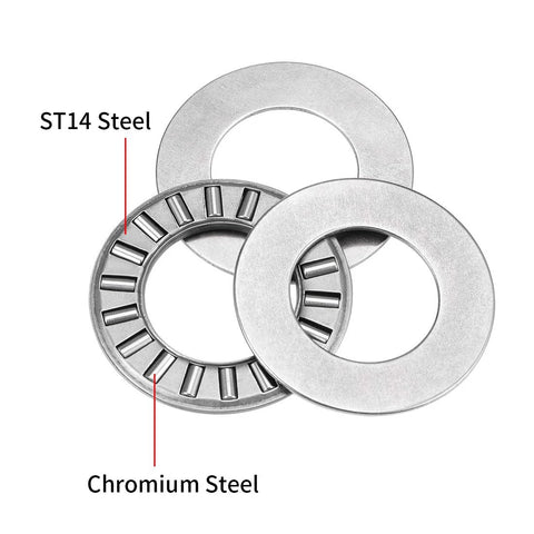TC1018 Thrust Needle Roller Bearings with Washers, showing chromium steel rollers and ST14 steel construction for heavy machinery