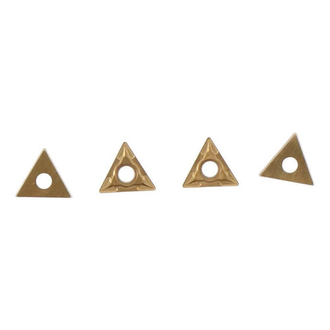20Pcs TCMT110204 US735 Triangle Carbide Inserts tin-coated, shown front view, suitable for aluminum, steel, and stainless steel cutting.