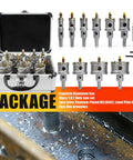 12-Piece Tungsten Carbide Tipped Hole Saw Kit With Titanium Plated Pilot Drill Bit, open case, tools displayed, and cutting action