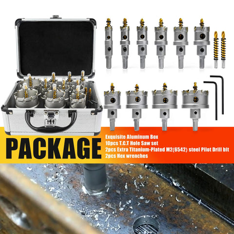 12-Piece Tungsten Carbide Tipped Hole Saw Kit With Titanium Plated Pilot Drill Bit, open case, tools displayed, and cutting action
