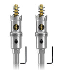 2-Pack 3/4 Inch Tungsten Carbide Tipped Hole Saws Set With Heavy Duty 19mm Cutters And Spring Loaded Pilot Bits displayed vertically