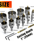 12-Piece Tungsten Carbide Tipped Hole Saw Kit With Titanium Plated Pilot Drill Bit For Metal Stainless Steel Iron Wood And Plastic