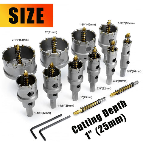 12-Piece Tungsten Carbide Tipped Hole Saw Kit With Titanium Plated Pilot Drill Bit For Metal Stainless Steel Iron Wood And Plastic