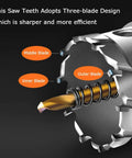 Tungsten carbide tipped hole saw cross-section with inner, middle, outer blades and spring