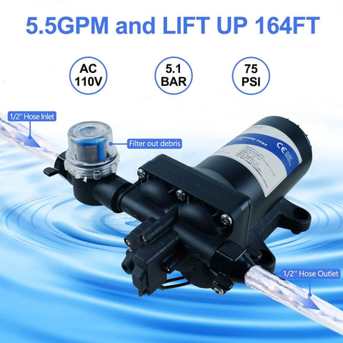 Tdrsuper Water Pressure Booster Pump, 110V AC Water Diaphragm Pump, 5.5GPM 75PSI with Power Plug, black body with hose.