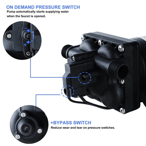 Close-up view of Tdrsuper Water Pressure Booster Pump, 110V AC Water Diaphragm Pump, 5.5GPM 75PSI with power plug, showing switches.