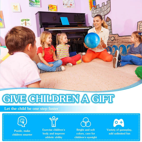 Children and teacher playing with colorful ball in decorated room