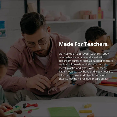 Man using Teacher Tape Pads Double Sided Removable Foam Tape For Wall Mounting 96 Pieces with students in classroom.