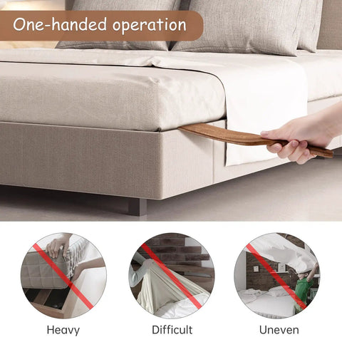 Teak Wood Mattress Lifter And Sheet Tucker Tool for easier bed making, showing a hand tucking sheets with a wood paddle