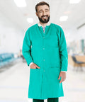 Teal Blue Disposable Lab Coats For Adults Pack Of 50 Knee Length 45 GSM With Cuffs Collar And 3 Pockets Plastic Snaps for medical use in hospital