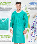 Teal Blue Disposable Lab Coats For Adults Pack Of 50 Knee Length 45 GSM With Cuffs Collar And 3 Pockets Plastic Snaps on model