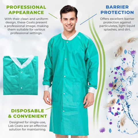 Teal Blue Disposable Lab Coats For Adults Pack Of 50 Knee Length 45 GSM With Cuffs Collar And 3 Pockets Plastic Snaps on model