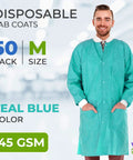 Teal Blue Disposable Lab Coats For Adults Pack Of 50 Knee Length 45 GSM With Cuffs Collar And 3 Pockets Plastic Snaps Great For Medical Staff
