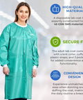 Teal Blue Disposable Lab Coats For Adults Pack Of 50 Knee Length 45 GSM With Cuffs Collar And 3 Pockets Plastic Snaps Medical Use