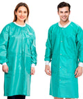 Teal Blue Disposable Lab Coats For Adults Pack Of 50 Knee Length 45 GSM With Cuffs Collar And 3 Pockets Plastic Snaps For Medical Staff