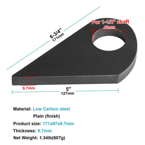 Image of 2 Pc Tear Drop Hinge Plate and Weld Washer Set for Trailer Ramps and Doors Suitable for Dump Trailers Tailgates Offroad Applications Fits 1-1/2 Inch Shaft 3/8 Inch Hole Diameter 1-9/16 Inch Plate Low Carbon Steel Plain Finish, showing measurements and material details.