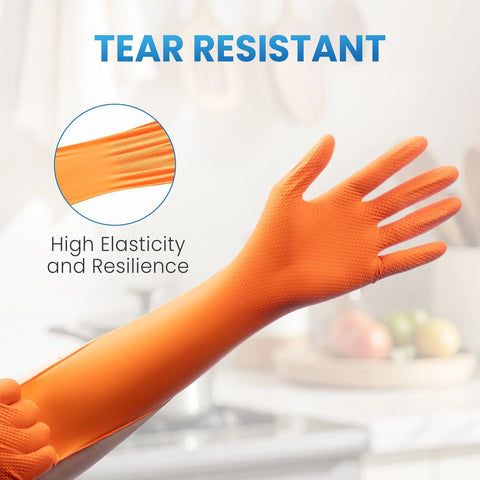 Orange 8 Mil Nitrile Disposable Gloves showcasing elasticity and resilience, tear-resistant, heavy-duty mechanic large, powder free