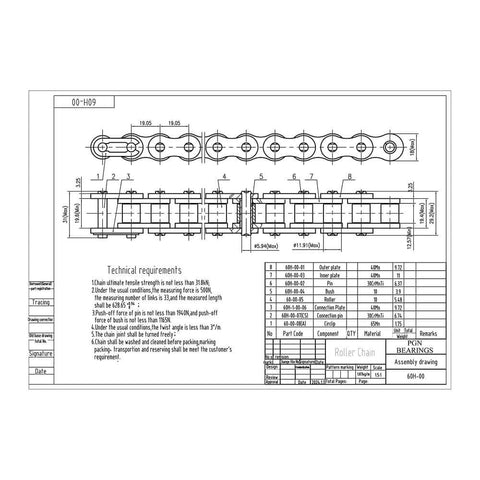 Technical drawing of #60 Heavy Duty Roller Chain - 10 Feet + 2 Free Connecting Links - #60H - 159 Links for automation systems
