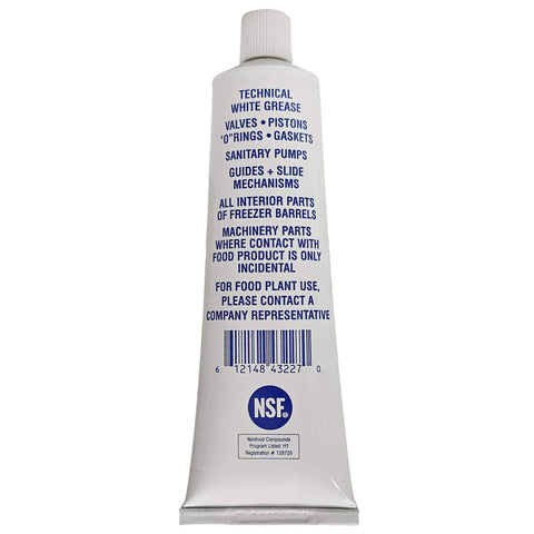 Back view of technical white grease tube with text for applications like valves, pistons, sanitary pumps, and food plant use.