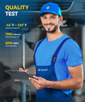 Mechanic conducting quality test with clipboard, wearing blue uniform and cap, showcasing temperature and performance specifications.